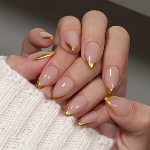 ✨🤎 Nude & Gold Chrome French Tip Press On Nails – 24 Pack Almond Set 🤎✨